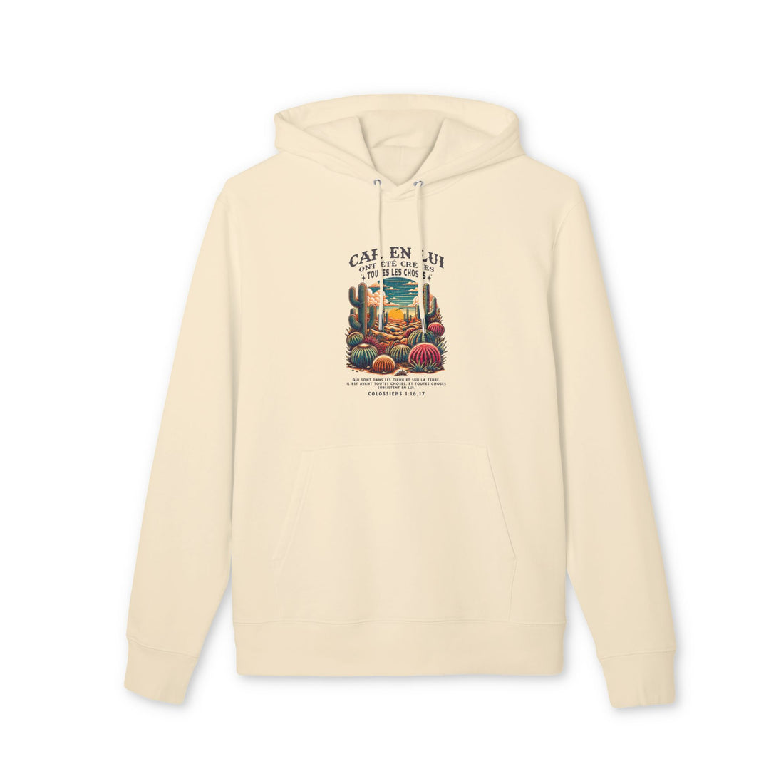 Sweat à capuche beige en coton biologique avec une illustration de désert et un verset biblique.
