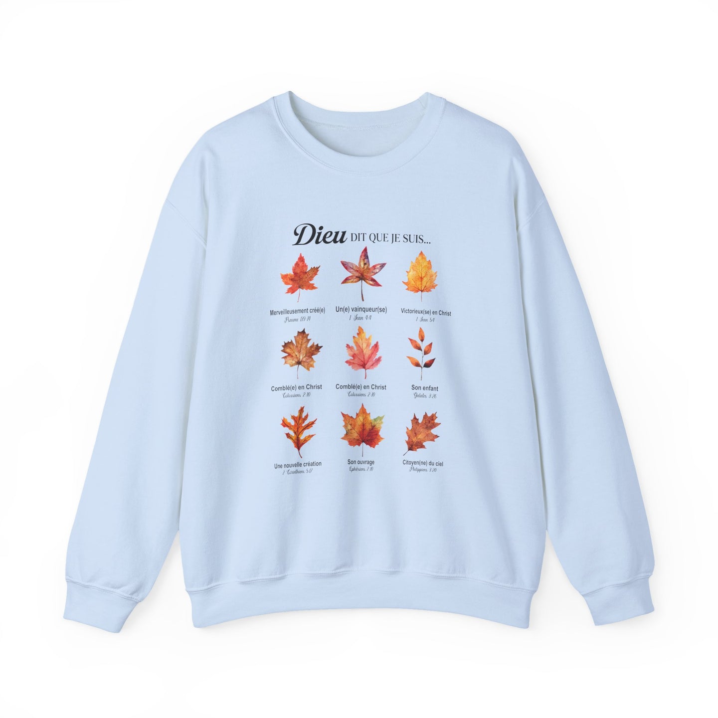 Sweatshirt bleu clair orné de neuf feuilles d'automne et de textes bibliques en français.