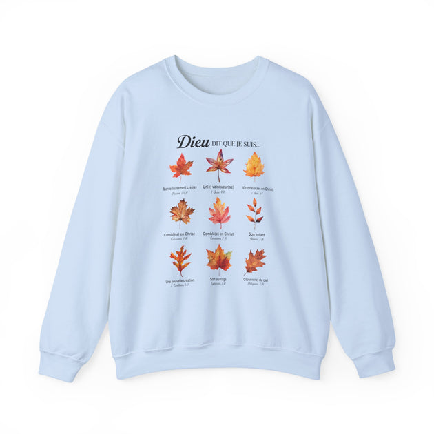 Sweatshirt bleu clair orné de neuf feuilles d'automne et de textes bibliques en français.