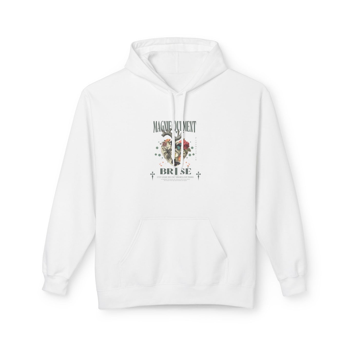 Sweat à capuche blanc avec un motif floral en forme de cœur et une inscription religieuse.