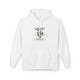 Sweat à capuche blanc avec un motif floral en forme de cœur et une inscription religieuse.
