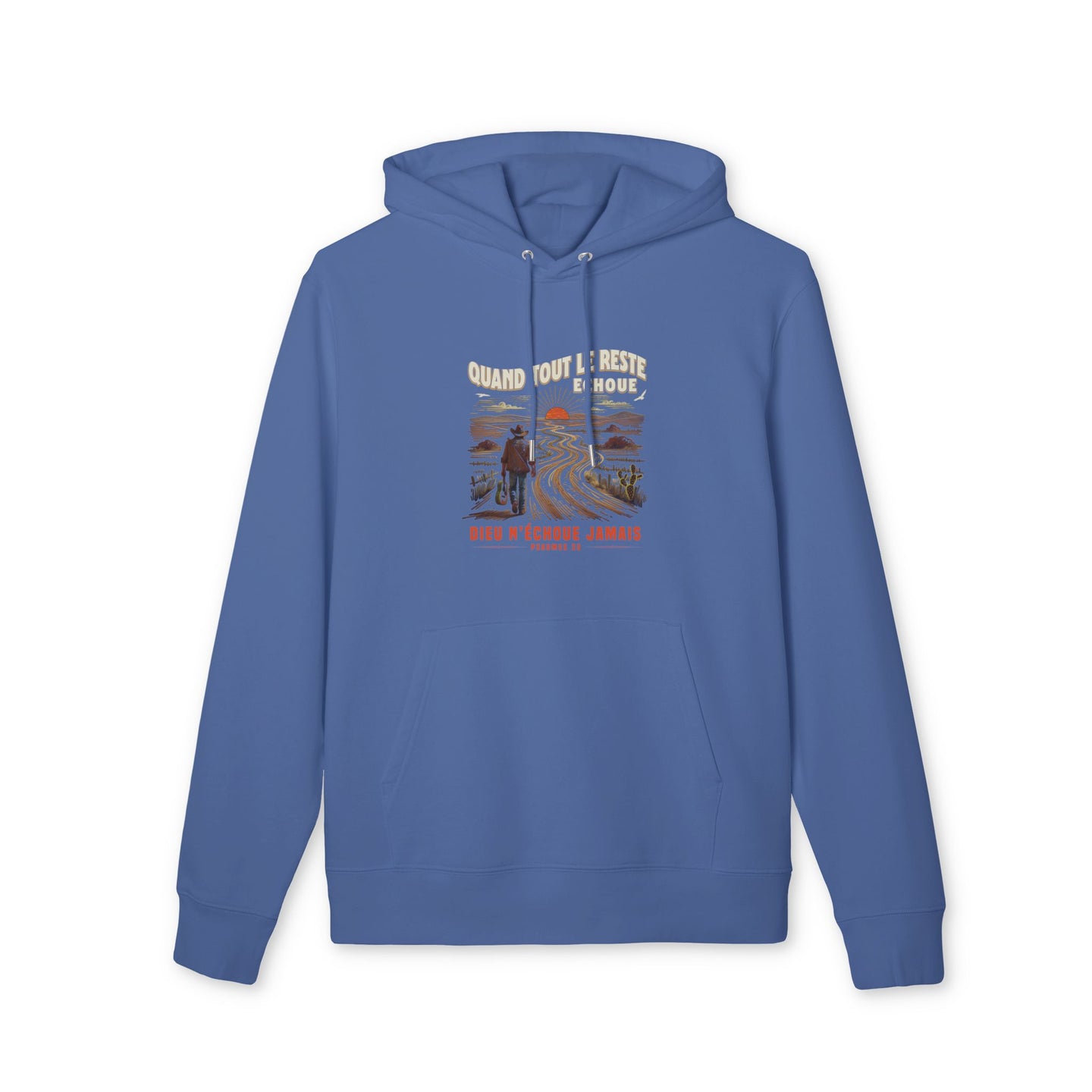 Sweat-shirt à capuche bleu avec une illustration de cow-boy et un texte religieux.