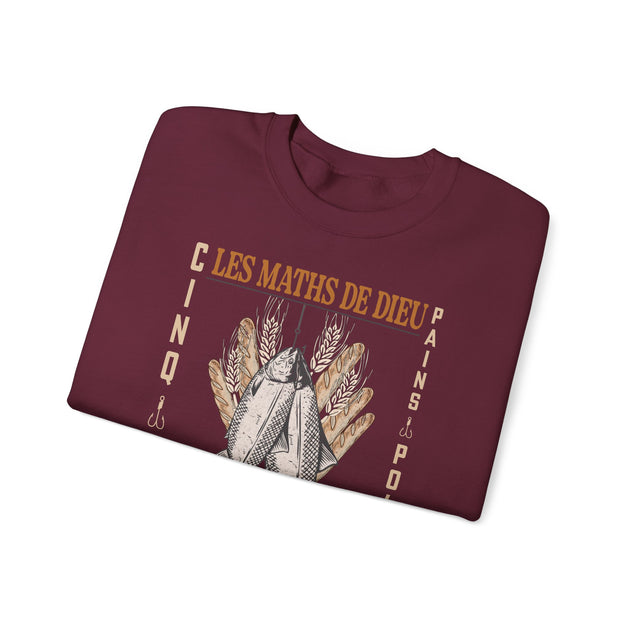 Sweatshirt bordeaux avec un dessin de poisson, de pains et d'épis de blé.