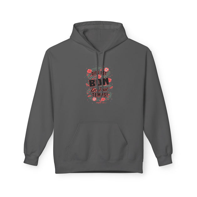 Sweat à capuche gris foncé avec un motif floral et le texte Dieu est bon en tout temps.