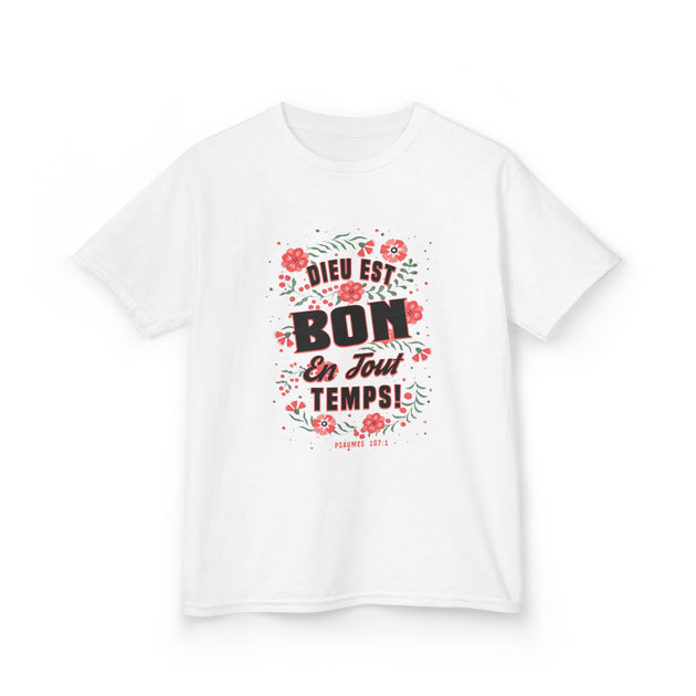 T-shirt blanc pour enfant avec un motif floral et l'inscription Dieu est bon en tout temps.