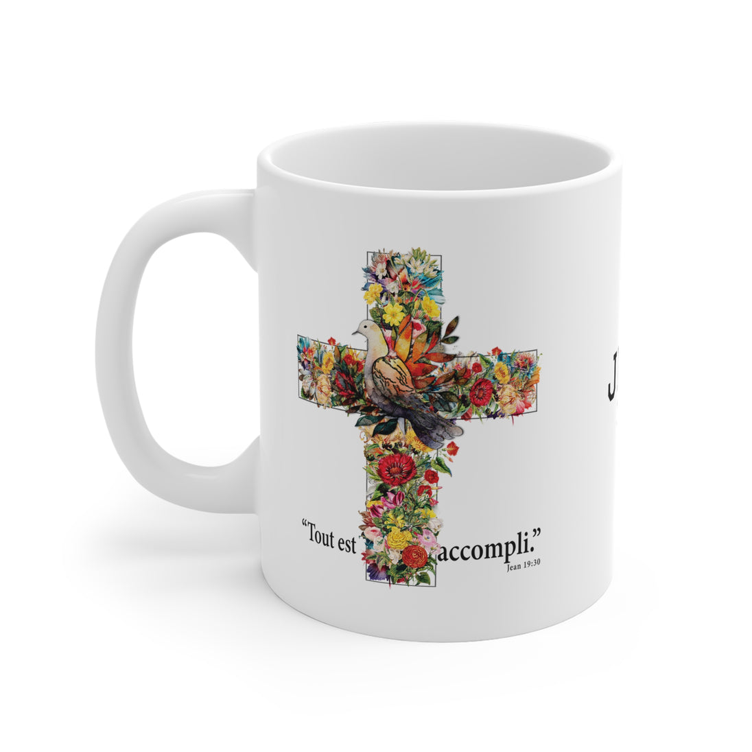 Mug blanc en céramique orné d'une croix florale et de l'inscription Tout est accompli.