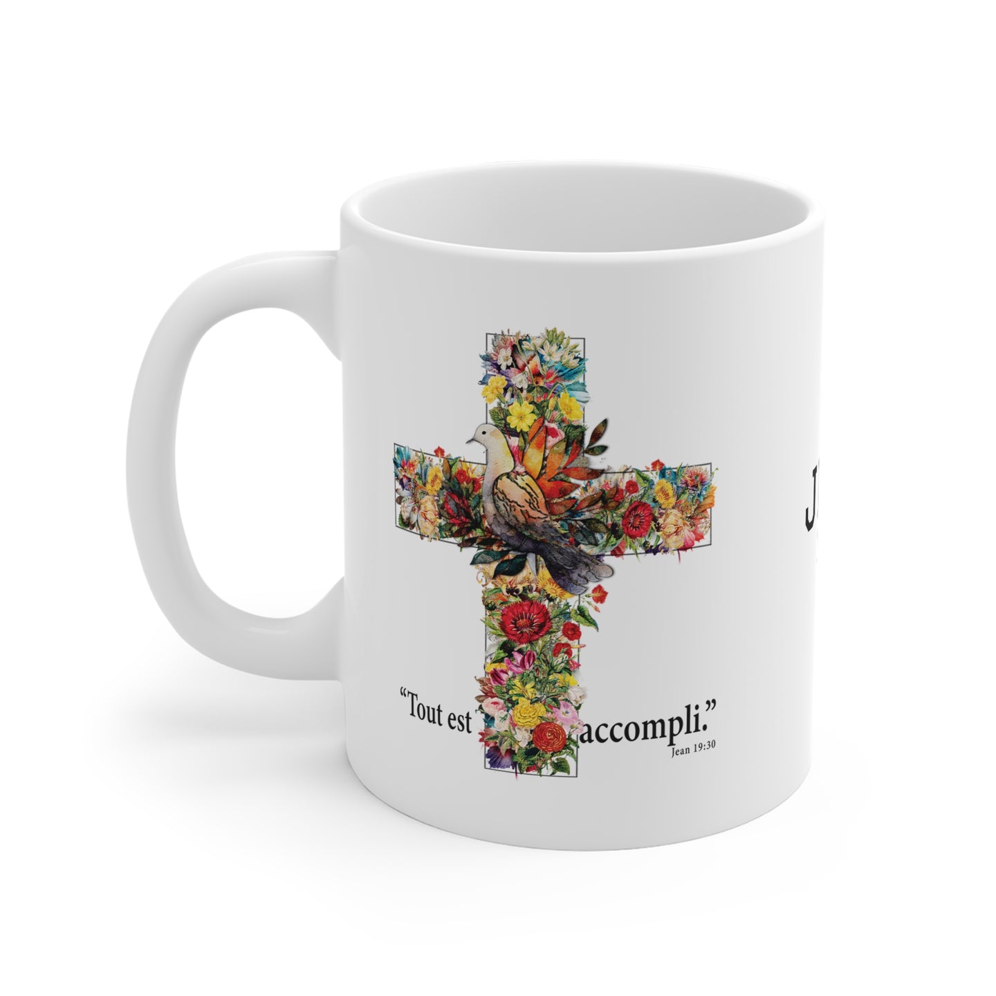 Mug blanc en céramique orné d'une croix florale et de l'inscription Tout est accompli.