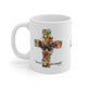 Mug blanc en céramique orné d'une croix florale et de l'inscription Tout est accompli.