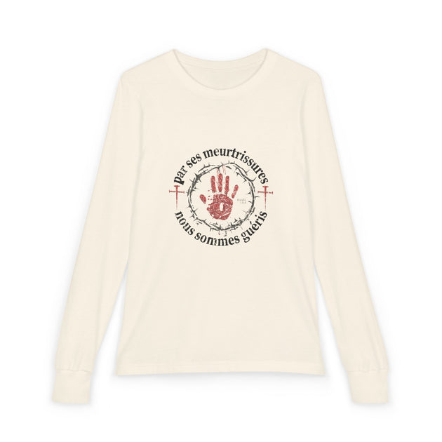 T-shirt à manches longues beige pour enfant avec un motif religieux centré.
