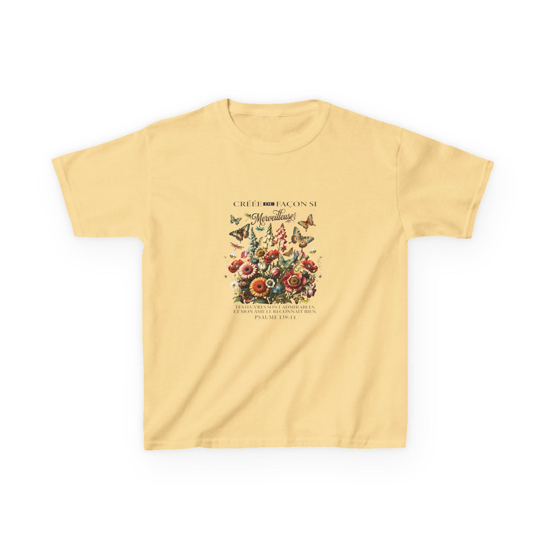 T-shirt jaune pour enfant avec une illustration florale vintage et des papillons.