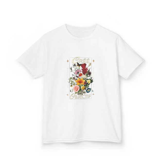T-shirt blanc pour enfant orné d'un bouquet floral et de l'inscription Créé avec un objectif.