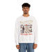Sweatshirt blanc pour homme avec illustration d'un voyageur et message de foi en français.