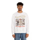 Sweatshirt blanc pour homme avec illustration d'un voyageur et message de foi en français.