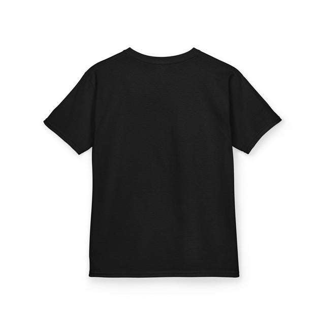 T-shirt noir pour enfant à manches courtes présenté de dos sur un fond blanc.