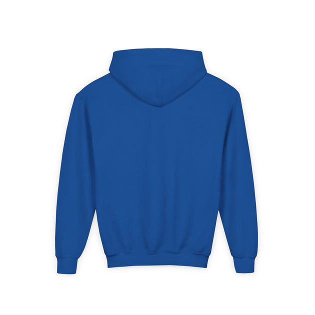Vue arrière d'un sweat à capuche bleu uni pour enfant avec une coupe classique.