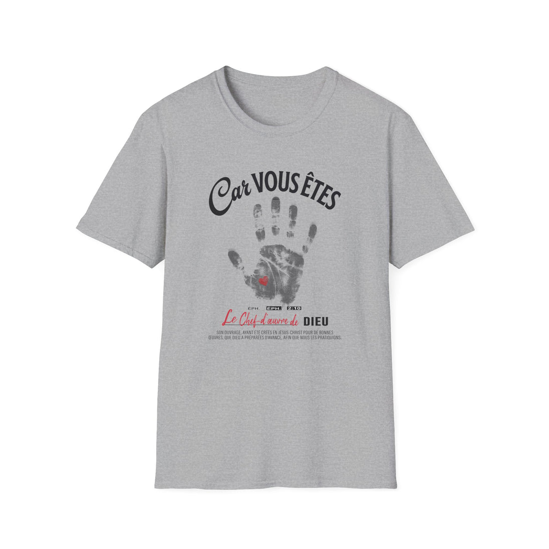 T-shirt gris pour femme avec une empreinte de main, un petit cœur rouge et un texte religieux.