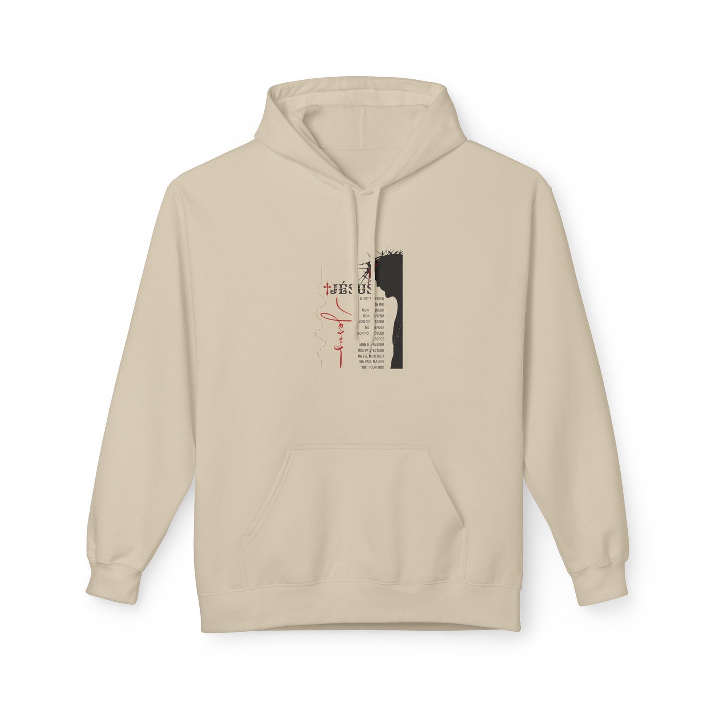 Sweat à capuche beige pour femme avec une illustration religieuse et du texte sur la poitrine.
