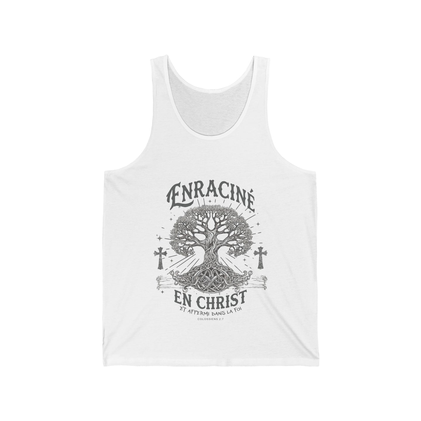 Débardeur blanc pour homme avec une illustration d'arbre et le texte Enraciné en Christ.