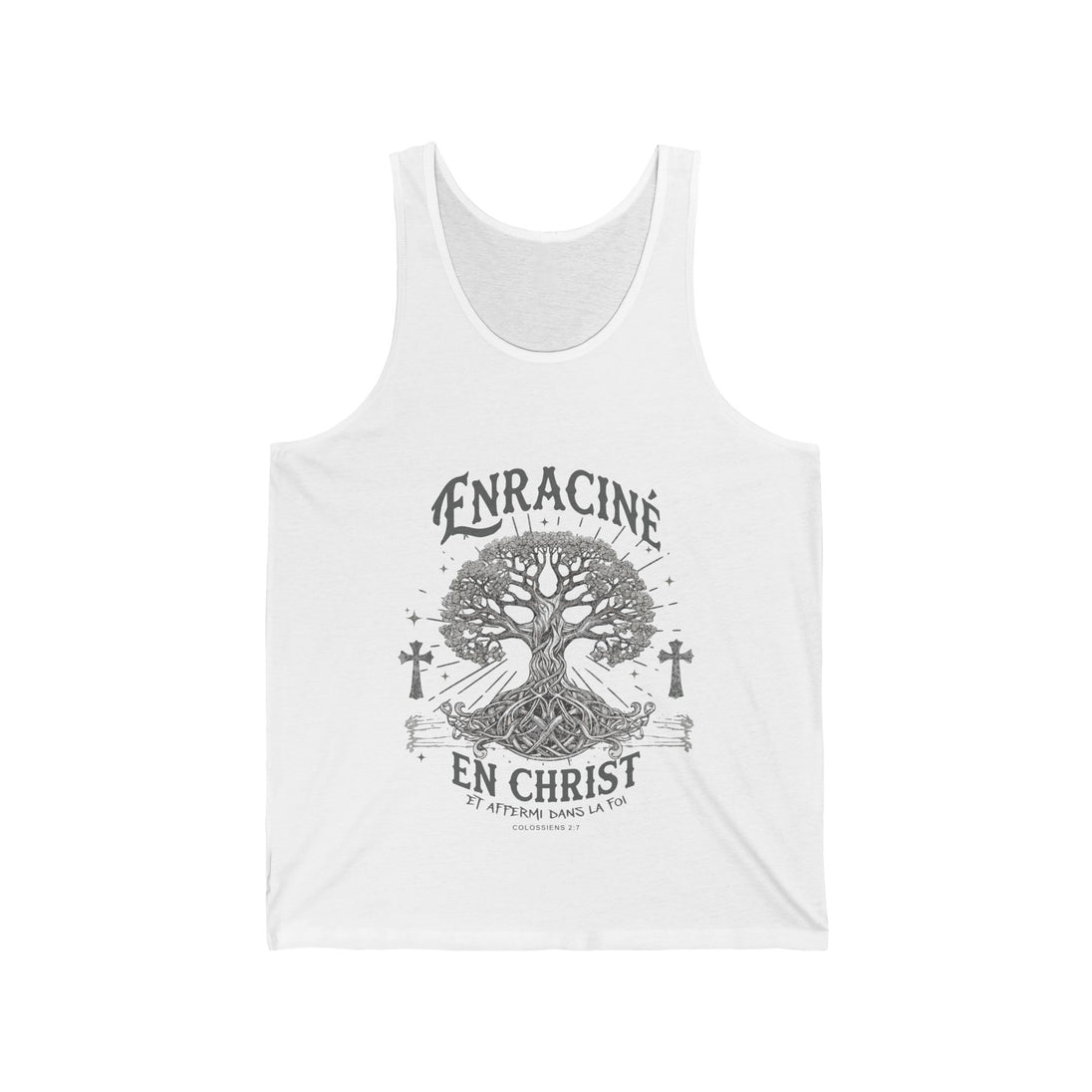 Débardeur blanc pour femme avec une illustration d'arbre et le texte Enraciné en Christ.