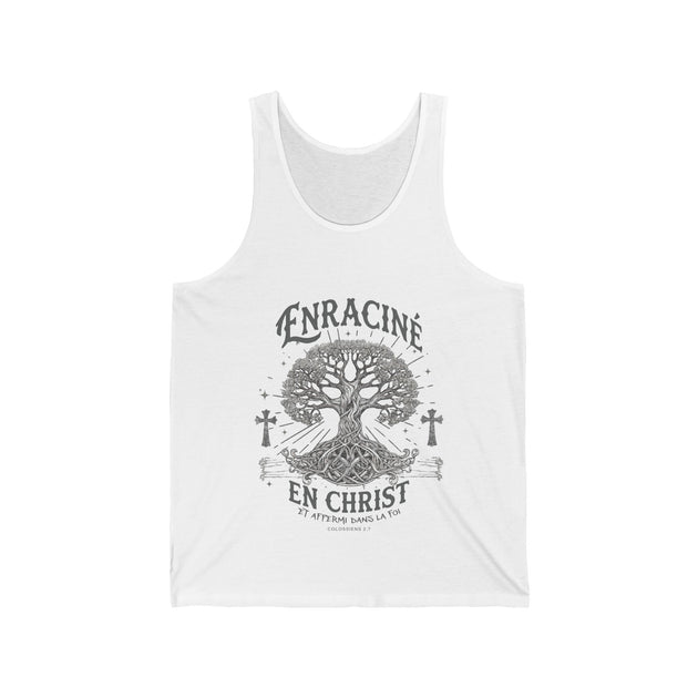 Débardeur blanc pour femme avec une illustration d'arbre et le texte Enraciné en Christ.