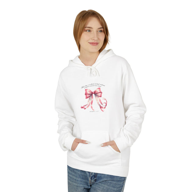Sweat à capuche blanc pour femme avec nœud aquarelle rose et verset biblique Jacques 1:17.