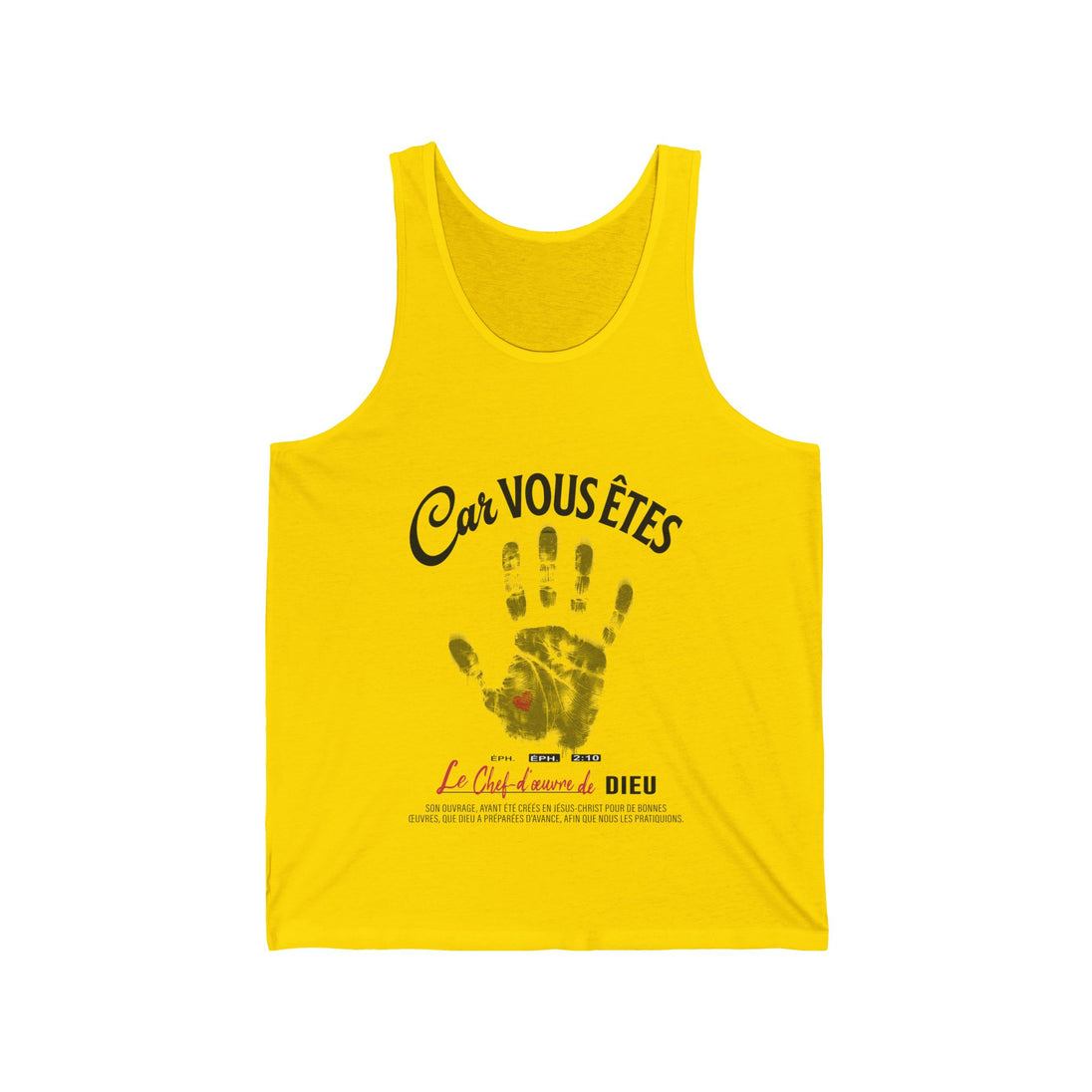 Débardeur jaune pour homme avec une empreinte de main noire et le texte religieux Car Vous Êtes.