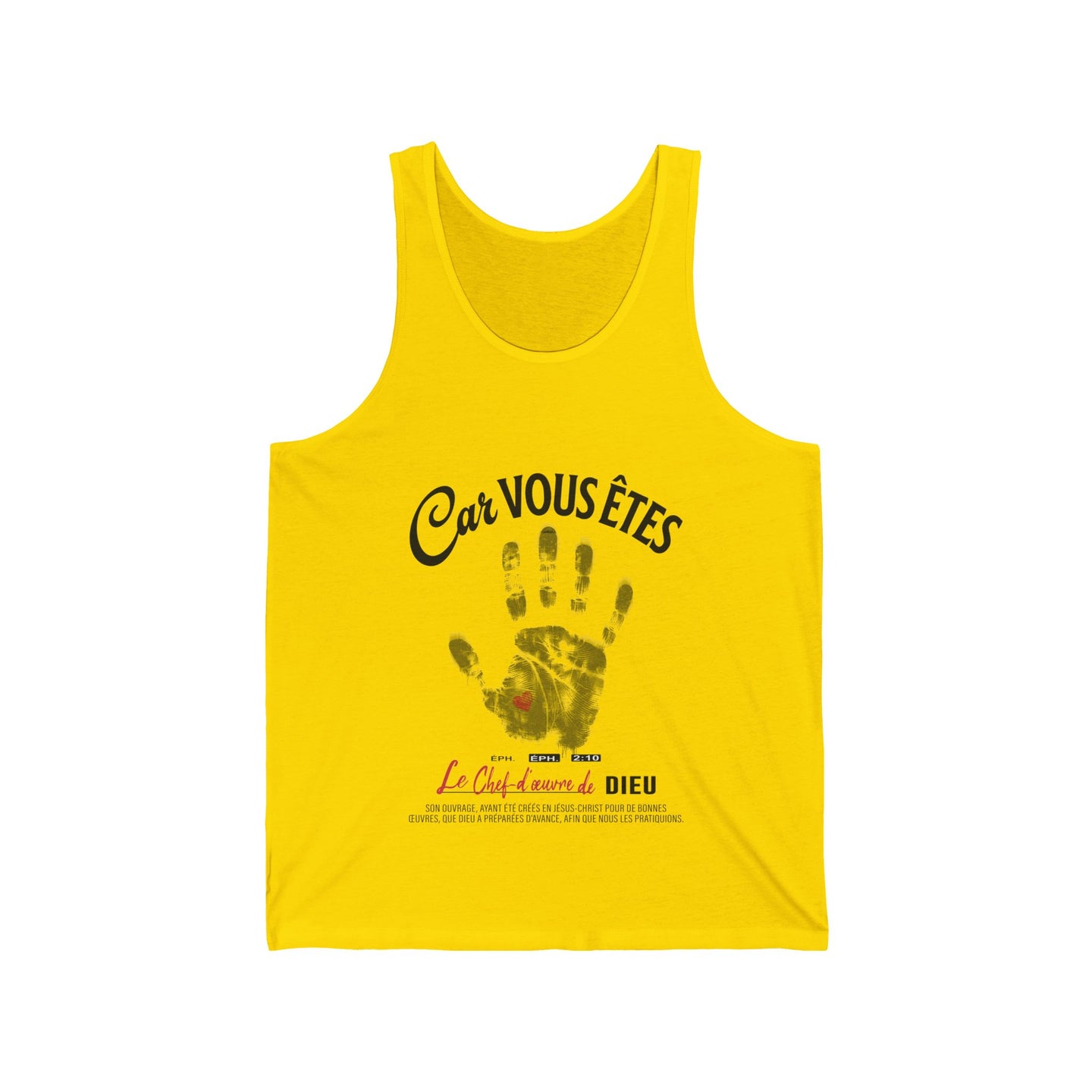 Débardeur jaune pour homme avec une empreinte de main noire et le texte religieux Car Vous Êtes.