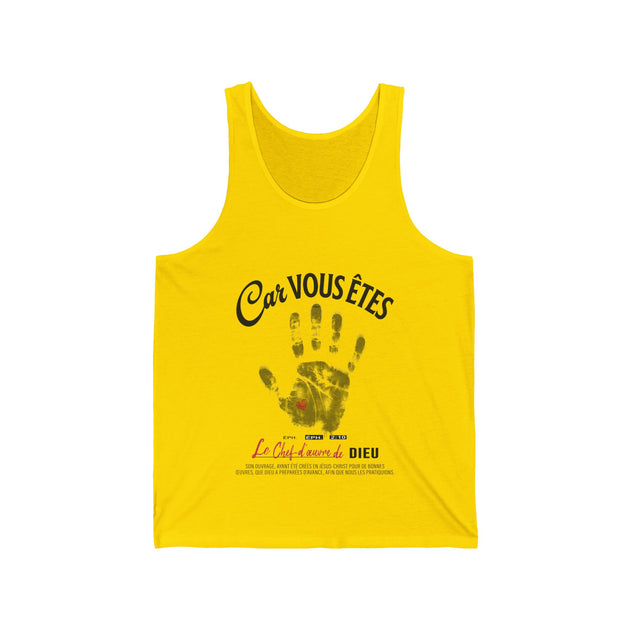 Débardeur jaune pour homme avec une empreinte de main noire et le texte religieux Car Vous Êtes.