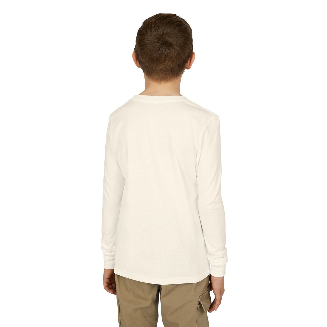Vue de dos d'un enfant portant un t-shirt blanc à manches longues en coton.