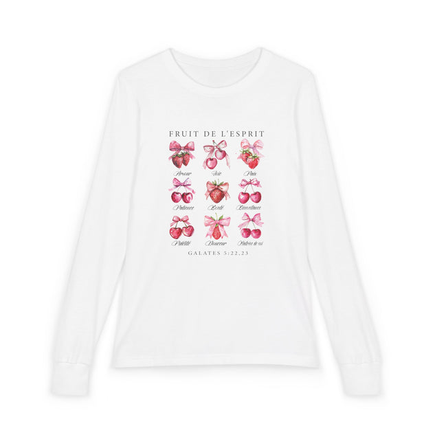 T-shirt blanc à manches longues pour enfant avec un motif de fruits et rubans roses.