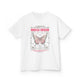 T-shirt blanc pour enfant avec un motif de papillon et un texte religieux en français.