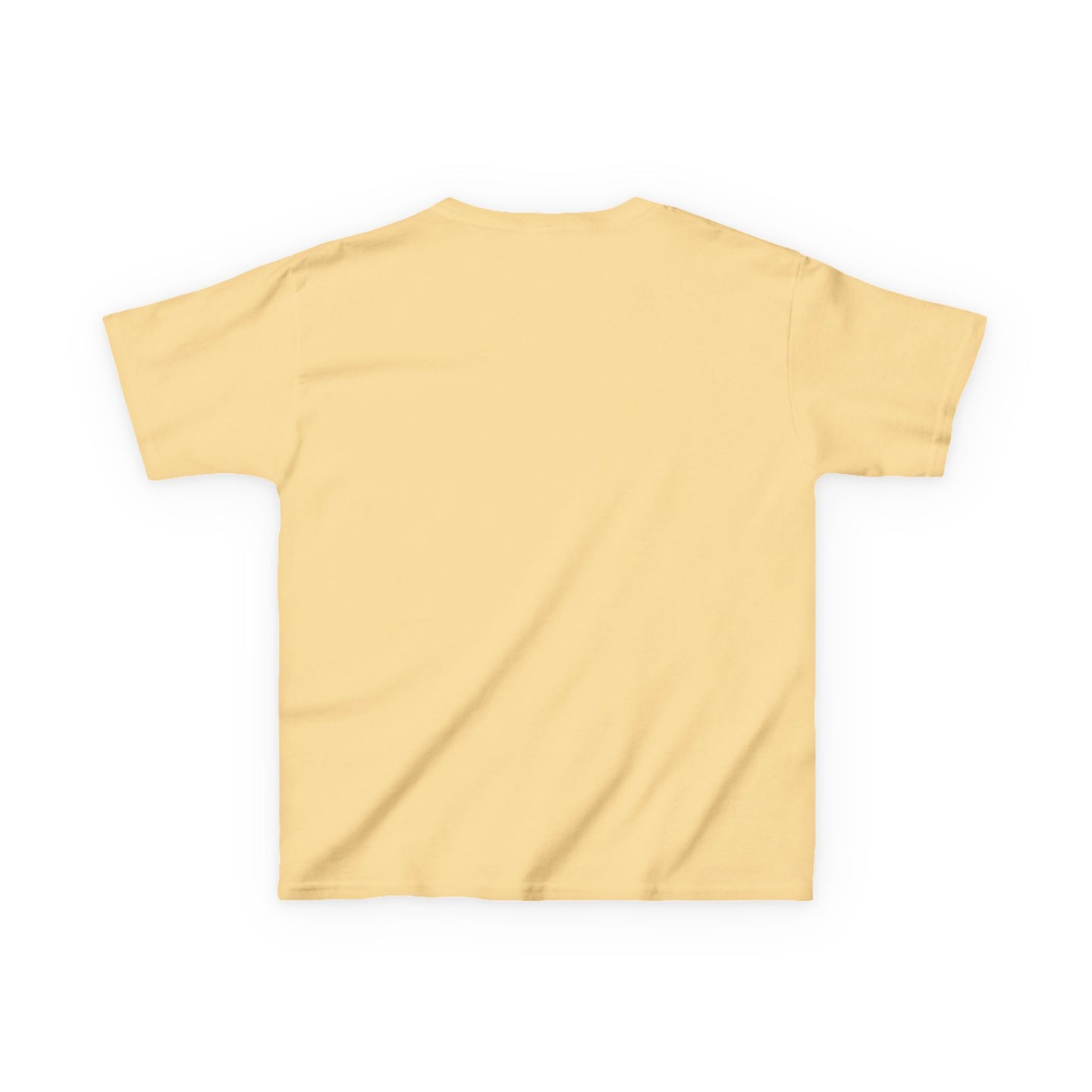 T-shirt pour enfant de couleur jaune pâle, présenté de dos sur un fond blanc.