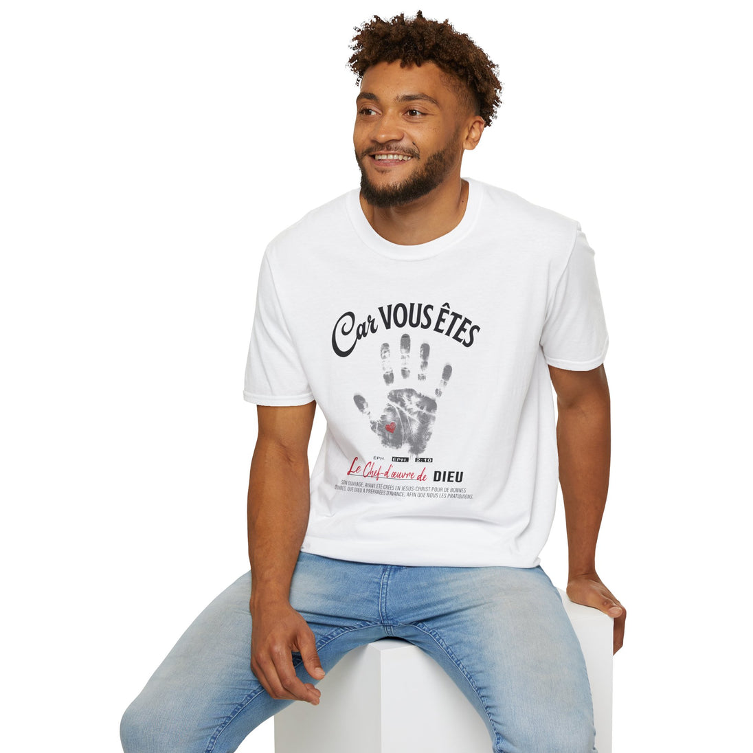 T-shirt blanc homme Car Vous Êtes Le Chef-d'œuvre de Dieu, 100% coton, coupe confortable.