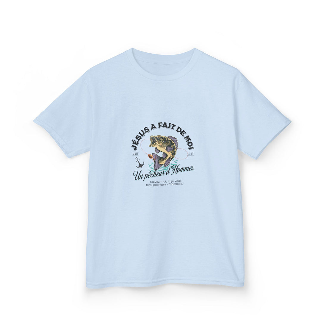 T-shirt bleu clair pour enfant avec une illustration de poisson et un texte religieux en français.