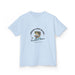T-shirt bleu clair pour enfant avec une illustration de poisson et un texte religieux en français.