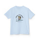 T-shirt bleu clair pour enfant avec une illustration de poisson et un texte religieux en français.