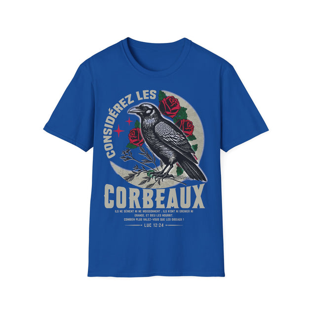 T-shirt bleu pour homme avec une illustration de corbeau, de roses et un texte biblique.