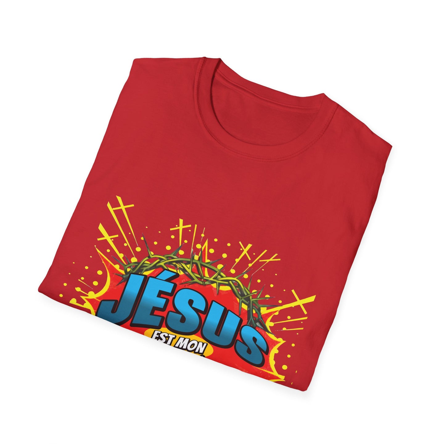 T-shirt rouge plié avec une illustration style bande dessinée représentant une couronne d'épines.