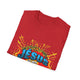 T-shirt rouge plié avec une illustration style bande dessinée représentant une couronne d'épines.