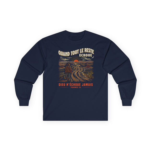 T-shirt bleu marine à manches longues avec une illustration de cow-boy et un message religieux.