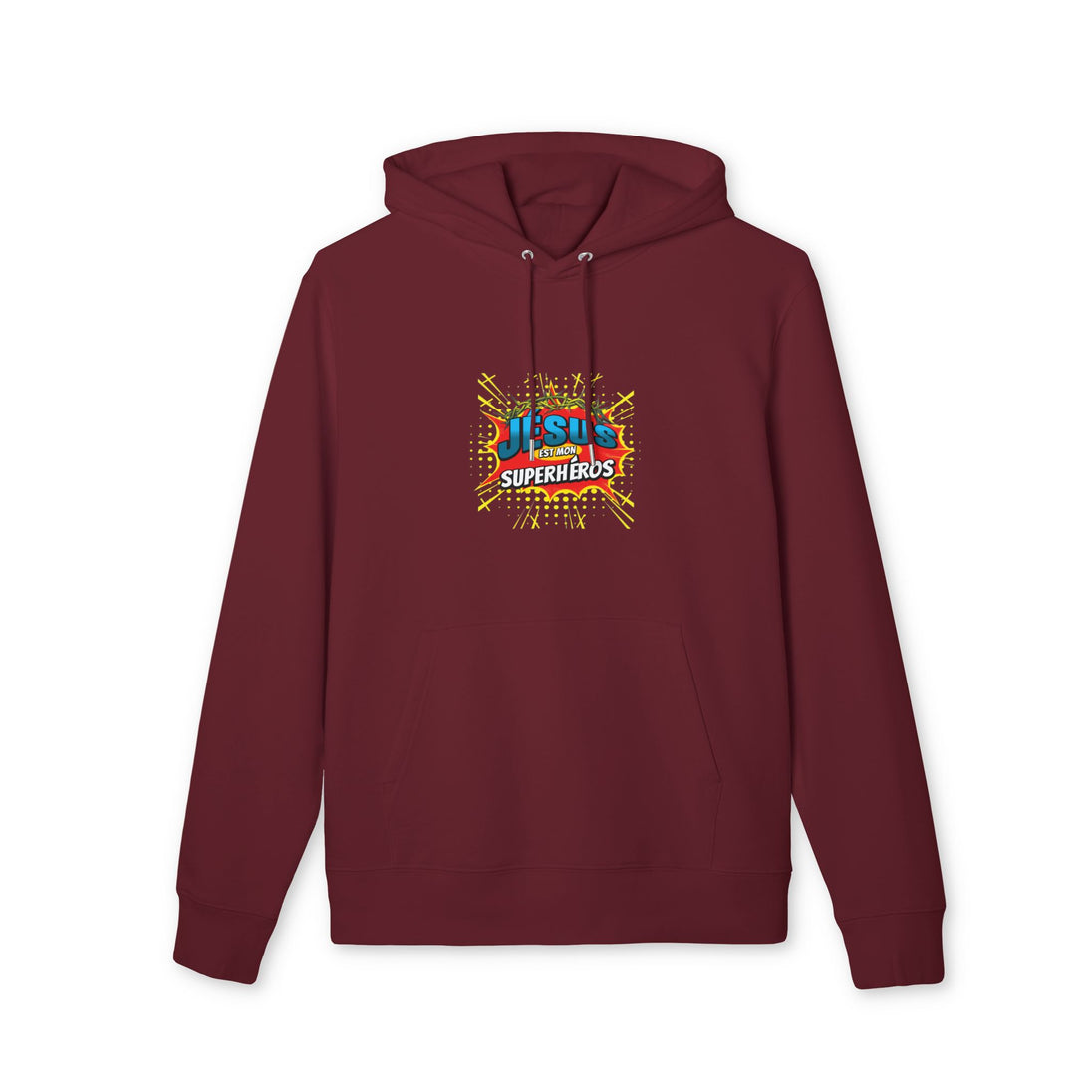 Sweat à capuche bordeaux en coton biologique avec le motif graphique Jésus est mon superhéros.