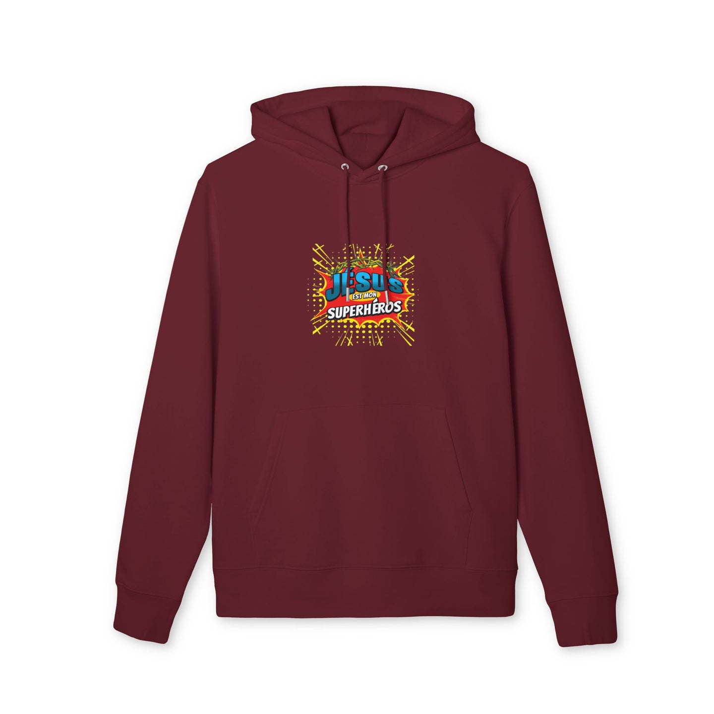 Sweat à capuche bordeaux en coton biologique avec le motif graphique Jésus est mon superhéros.