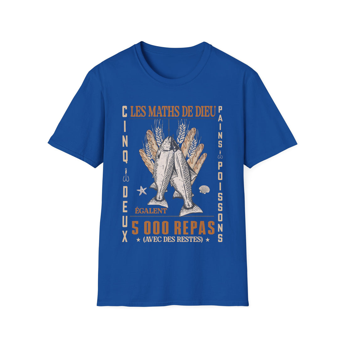 T-shirt bleu pour homme avec une illustration chrétienne sur le thème de la multiplication des pains.
