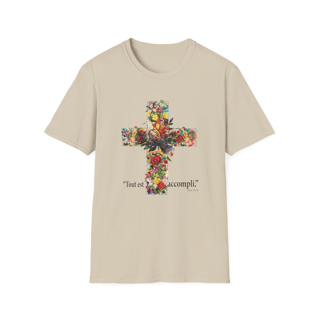 T-shirt beige pour femme orné d'une croix fleurie, d'une colombe et du texte Tout est accompli.
