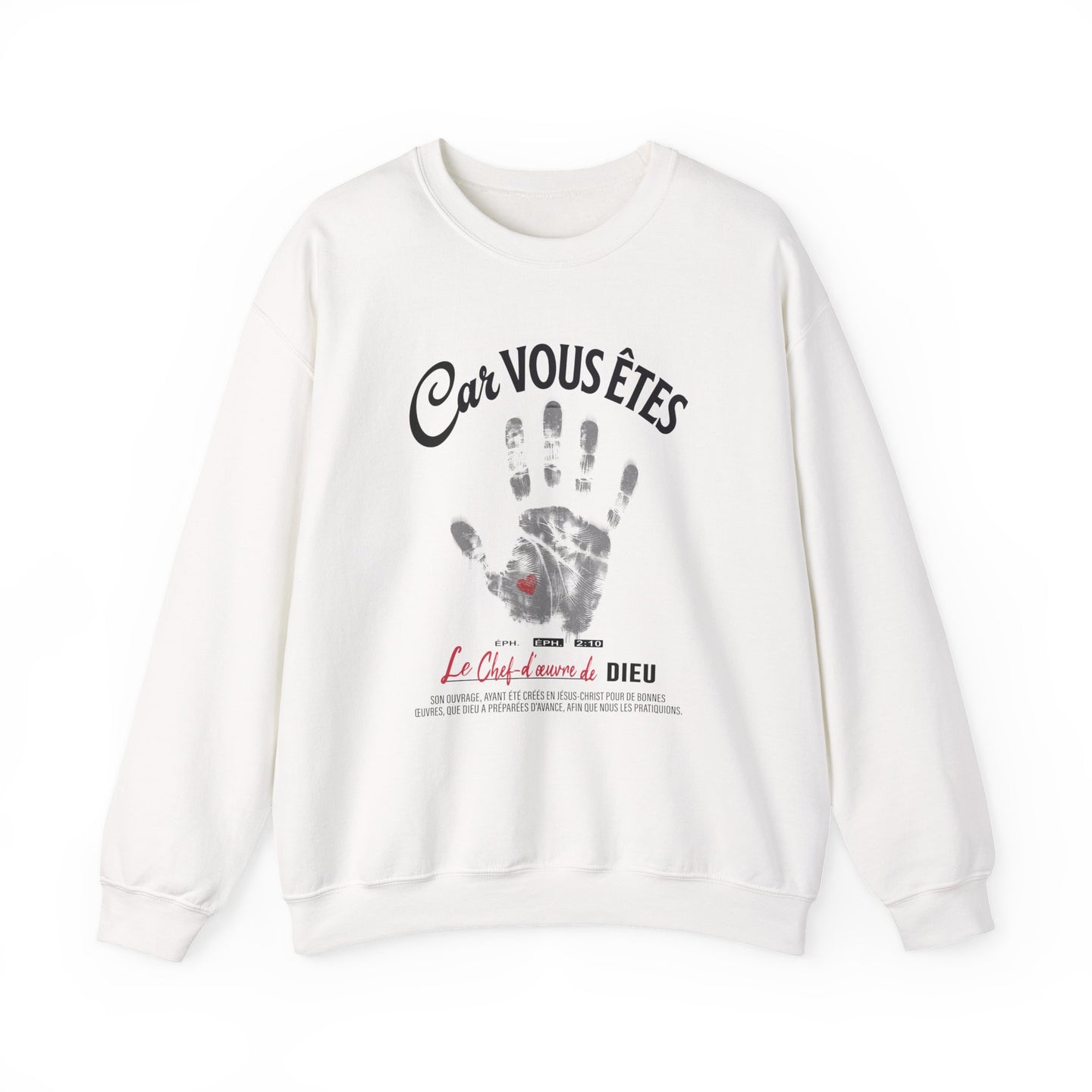 Sweat-shirt blanc à col rond avec une empreinte de main grise et un texte religieux en français.