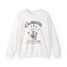 Sweat-shirt blanc à col rond avec une empreinte de main grise et un texte religieux en français.