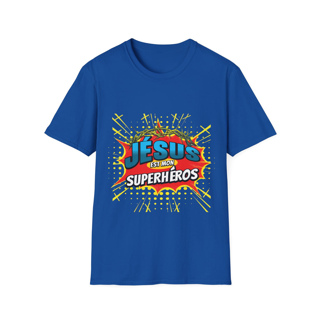 T-shirt bleu pour homme avec une illustration style bande dessinée Jésus est mon superhéros.