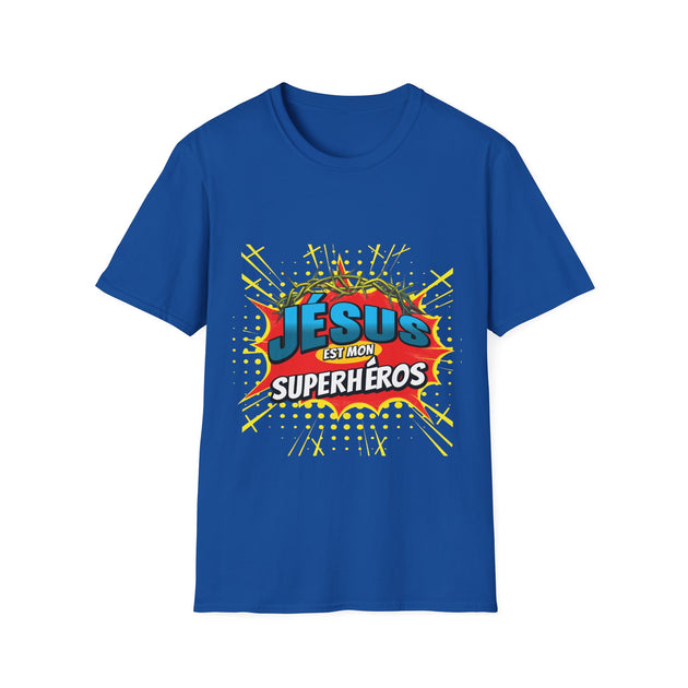 T-shirt bleu pour homme avec une illustration style bande dessinée Jésus est mon superhéros.