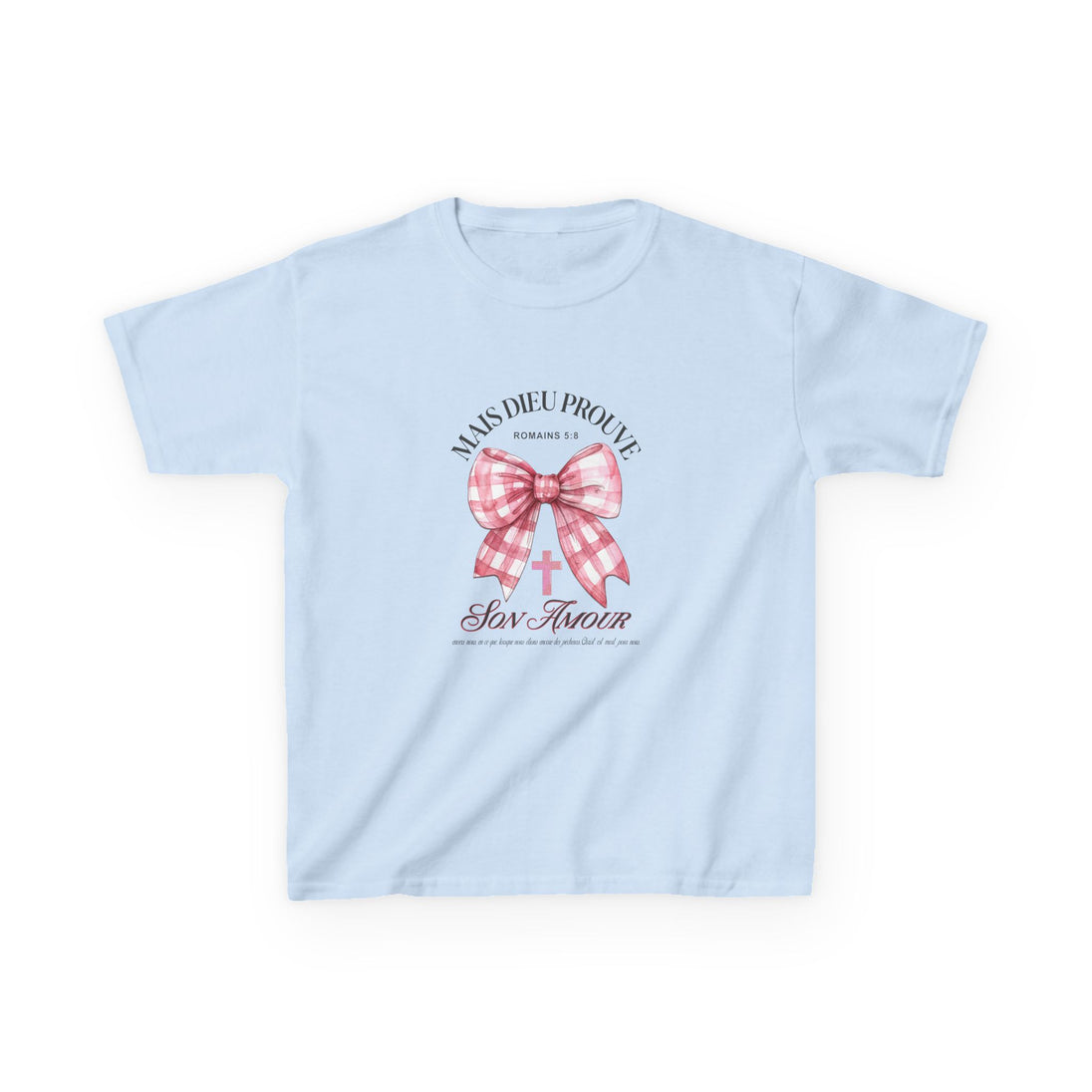 T-shirt bleu clair pour enfant avec un motif de nœud rose à carreaux et une croix chrétienne.