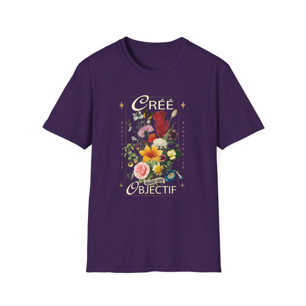 T-shirt violet pour femme orné d'un bouquet de fleurs vintage et du texte Créé avec un objectif.
